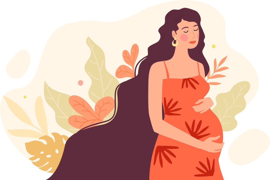 Ilustração de mulher grávida. Ela usa uma roupa laranja, tem os cabelos bem compridos e castanhos e a pele clara. Há desenhos de plantas saindo por trás dela em tons de verde claro e laranja.