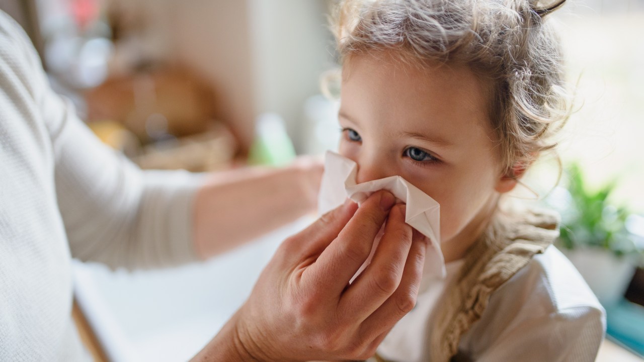 Adulto limpando o nariz de uma criança com lenço de papel. Ambos são brancos, a criança tem por volta de 1 ano e meio. Do adulto, só é possível ver os braços.