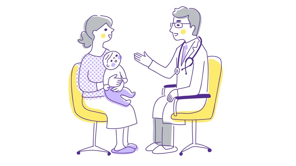 ilustração de mulher sentada diante de um médico, segurando um bebê no colo