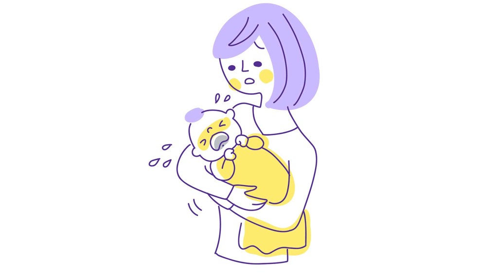 ilustração de mulher com semblante de preocupação, segurando um bebê que chora
